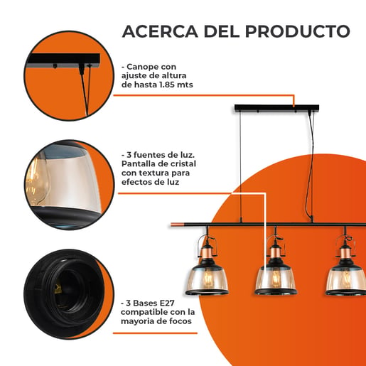 Lámpara Decorativa TECNOLITE COLUMBA II Negro/Dorado 25.5W No incluye foco